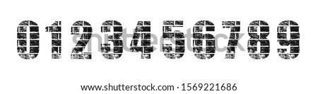 Number 1 2 3 4 5 6 7 8 9 0 graffiti grunge style brick wall texture. Masonry black numeral on white background. Block architecture construction font. Vector industrial illustration