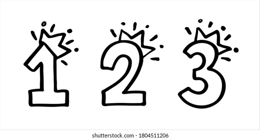 Número 1 2 3 con corona. Vector de mano ahogado uno, dos, tres. Diseño para cumpleaños de bebé, invitación a princesa o fiesta de príncipe, logo, pegatina, tarjeta de saludo, impresión de camisa. Premio de competiciones infantiles