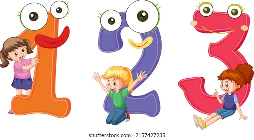 Number 1 2 3 with face expression cartoon illustration