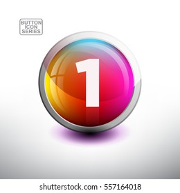 Number 1 in 3D Glossy Button for web Icon, Education Icon and Alphabet Icon. Vector Illustration 