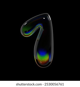 Nummer 1, 3d holografisch glas een nummer teken. Opgeblazen vorm met ballonbel geïsoleerd met regenboogdispersie-effect, perfect voor Y2K futuristische typografie en moderne lettertypeontwerpprojecten 