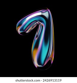 Number 1 in 3D holographic style, balloon bubble shape. One number sign with shiny glossy reflective surface, glass or liquid metal in neon rainbow colors. Isolated Y2K retro futuristic vector 