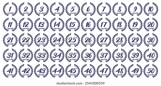 Number 1 to 50 years anniversary logo icon design blue leaf line