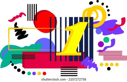 Number 1. Abstract pop art color background template. Vector geometric design of Memphis fashion style of the 80s-90s