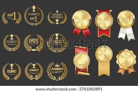 Number 1 award winner, Gold Medal Award Set,  First Place Trophy, premium emblem laurel wreath award winner collection 