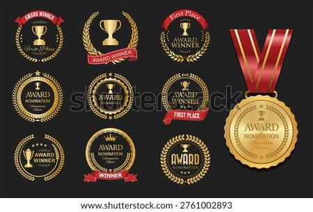 Number 1 award winner, Gold Medal Award Set,  First Place Trophy, premium emblem laurel wreath award winner collection 