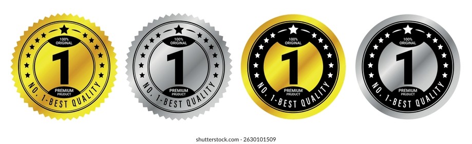  number 1 best quality badge icons in gold and silver with stars and round design used for top rated product labels