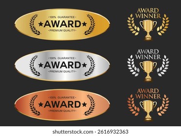 Number 1 Best Quality Luxury Gold Bronze Silver badge premium emblem isolated on black background stock illustration 