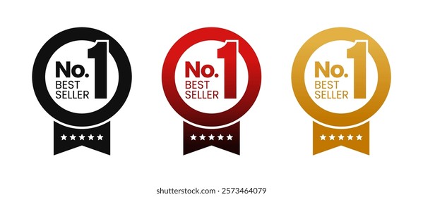 Number 1 best seller vector circle badges with ribbon. Simple flat gradient labels. For icon, logo, sign, seal, symbol, stamp, sticker. Vector illustration