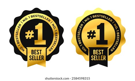 Number 1 Best seller vector badges with ribbon. Luxury elegant black and gold labels. For icon, logo, sign, seal, symbol, stamp, sticker. Vector illustration