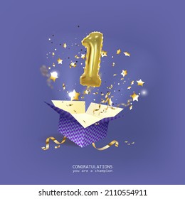 Number 1 birthday balloon celebration gift box lay 3d explosion. Vector.