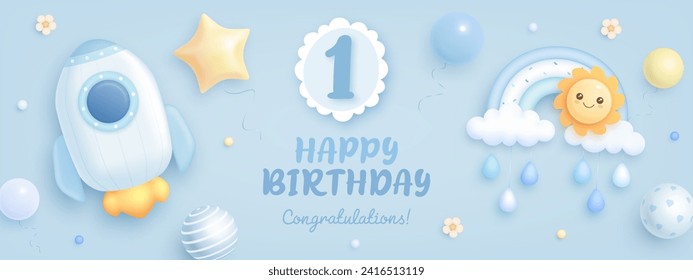 Number 1 birthday celebration banner with realistic cartoon rocket and rainbow on blue background. Happy birthday card for baby boy. Vector illustration