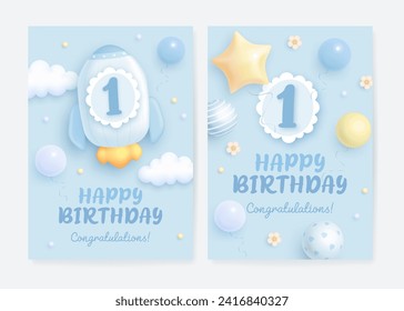 Number 1 birthday celebration greeting card or banner set with realistic cartoon rocket and helium balloons on blue background. Happy birthday invitation template for baby boy. Vector illustration