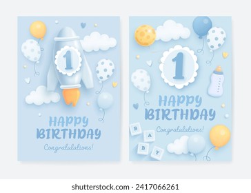 Number 1 birthday celebration greeting card or banner set with realistic cartoon rocket and helium balloons on blue background. Happy birthday invitation template for baby boy