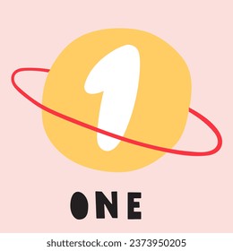 Number 1.  Birthday concept. Learn to count. Vector illustration on pink background.