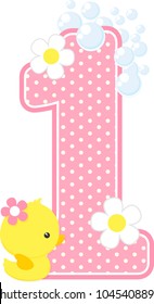 number 1 with bubbles and cute rubber duck isolated on white. can be used for baby girl birth announcements, nursery decoration, party theme or birthday invitation. Design for baby girl