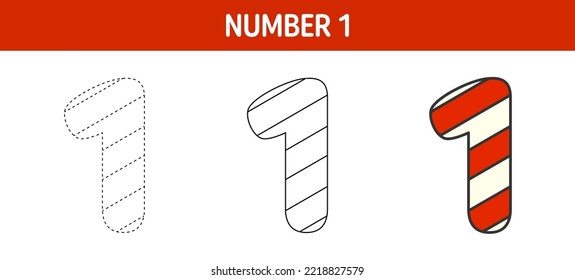 Number 1 Candy Cane, tracing and coloring worksheet for kids