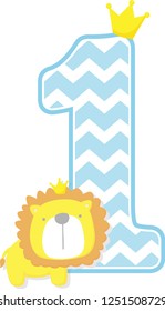 number 1 with chevron pattern. cute little lion king isolated on white background. can be used for father's day card, baby boy birth announcements, nursery decoration, party theme or invitation