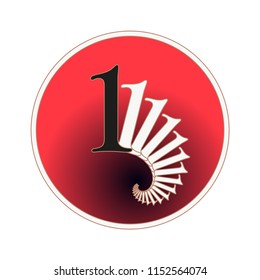 number 1 circular label with fractal spiral tail pattern in red and white