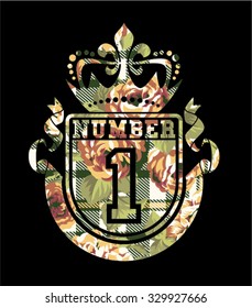 Number 1 coat of arms with roses and tartan background, Vector print for woman wear in custom colors