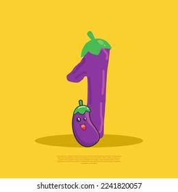 number 1 with cute eggplant sitting beside it. flat design vector