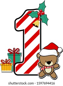 number 1 with cute teddy bear and christmas design elements isolated on white background. can be used for holiday season card, nursery decoration or christmas celebration invitation