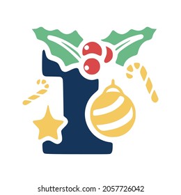 Number 1 is decorated with mistletoe and Christmas elements. New Year vector clip art.