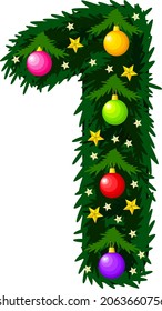 Number 1. Design of the Christmas alphabet and numbers. Christmas tree with toys. Vector illustration on a white background.