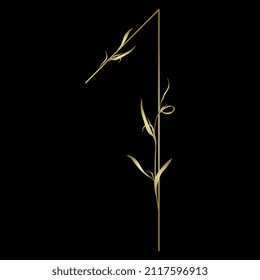 Número 1. Dígito uno. Dígito botánico. Bella fuente floral con hojas delicadas o ramas de césped. Silueta dorada y brillante sobre fondo negro. Ilustración vectorial aislada.