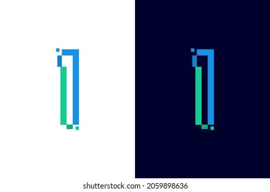 Number 1 digital logo. Technology design with pixel icon. Number one electric font