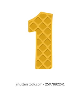 Number 1 element waffle. Crunchy waffle in the shape of number One. Vector illustration. Alphabet, letters, numbers and signs made from cookie, waffle.