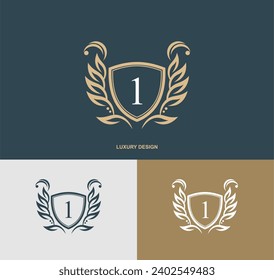 Number 1 emblem logo vector design with leaf decoration in luxury and elegant style. graceful monogram number, typography number 1. birthday logo. logo number. 9nd anniversary.