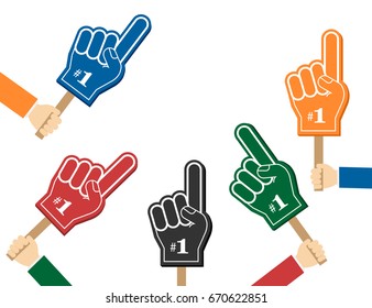 Number 1 fan. Colorful foam fingers in the hands, vector illustration