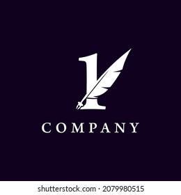 Number 1 with Feather Quill Pen Notary Writer Journalist Logo Design Inspiration