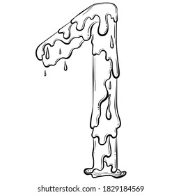 Number 1 with flow drops and goo splash. Dripping liquid symbol. Vector trendy font made in hand drawn line art style isolated on white background. Slime logo or initial letter. 