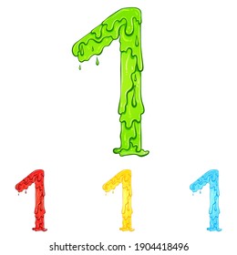 Número 1 con gotas de flujo y goo salpicado. Ilustración de color del símbolo uno en cuatro colores verde, rojo, amarillo, azul. Derrame líquido. Tipo de letra vectorial con estilo dibujado a mano aislado en fondo blanco.