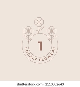 Plantilla de diseño Emblema de Logotipos de Flores Número 1 con plantas botánicas e iluminación de vectores de Petals Estilo de arte de línea mínimo. Símbolos de esquema para la promoción de marca de cosméticos y embalajes o productos florales