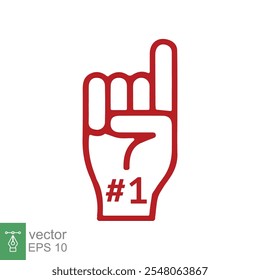 Number 1 foam glove icon. Red number one fan hand glove. Simple flat style. Fan logo hand with finger raised. Vector illustration isolated on white background. EPS 10.