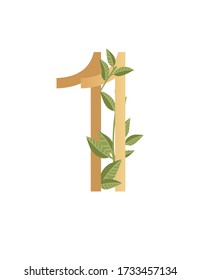 Number 1 with gradient style beige color covered with green leaves eco font flat vector illustration isolated on white background