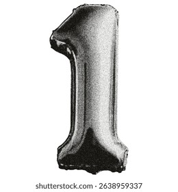 Number 1 with a grainy, dotted texture. Foil balloon shaped like the number 1. Ideal for Y2K-style collages, greeting cards, posters, or prints. Halftone photocopy effect