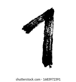 The number 1. Grunge ink alphabet, isolated on white background. Hand drawn with ink. Vector illustration.