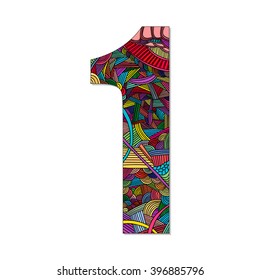 Number 1 with hand drawn abstract doodle pattern. Vector illustration.