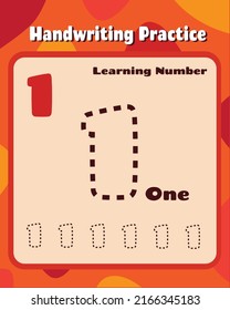 Number 1 handwriting trace practice worksheet for preschool kids learning how to write layout in colorful printable version. Vector Illustration.