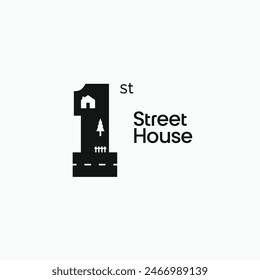 Number 1 with house and street logo. First one road logo icon vector illustration