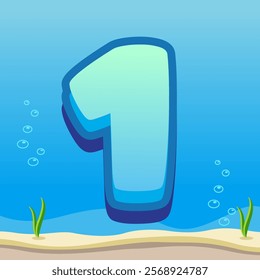 Number 1 Illustration with Gradient Blue Background, Bubbles, and Ocean Floor Details Featuring Sand and Seaweed