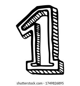 The number 1. Isolated icon is drawn by hand. Vector illustration of a subject on a white background. Cartoon style. Children's coloring book. Element for scrapbooking, banners, cards, etc.