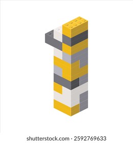 Number 1 in isometric view assembled from plastic blocks. Vector