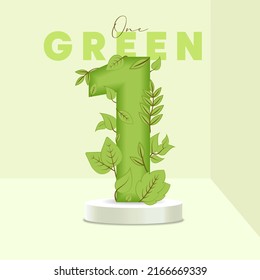 Number 1 leaves and branches on the stand. Leaves font. 1 symbol with green plant texture. Eco symbol collection. Vector design piece and template illustration.