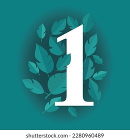 The number 1 in leaves on a teal background , simple vector