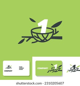 Number 1 logo design template with bird's nest icon and business card. Vector illustration